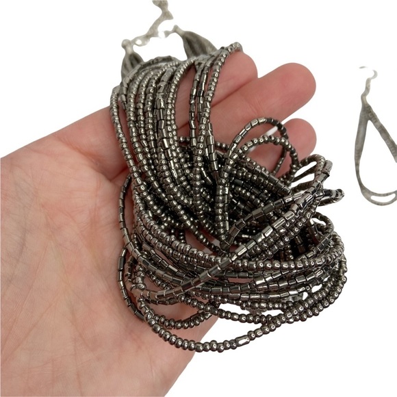 Gunmetal Gray Seed Beaded Multi Stranded Knotted Necklace & Earrings Set - Picture 2 of 6